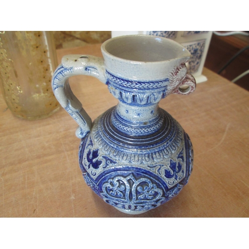 168 - Blue and white china and wood nest of drawers, German salt glaze ewer missing lid ? and later gilt p... 