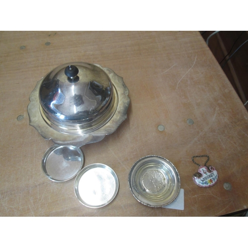 196 - Silver plate muffin dish and silver coin dish, enamel decanter label etc.