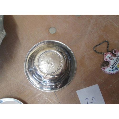 196 - Silver plate muffin dish and silver coin dish, enamel decanter label etc.