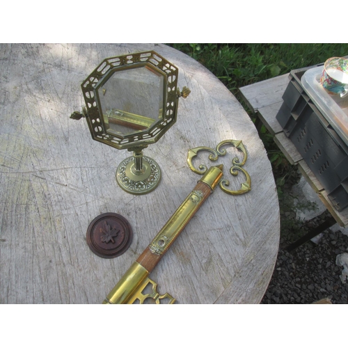 272 - Edwardian Neo Classical brass dressing table mirror, brass and wood key and carved wooden plaque