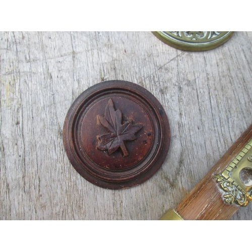 272 - Edwardian Neo Classical brass dressing table mirror, brass and wood key and carved wooden plaque