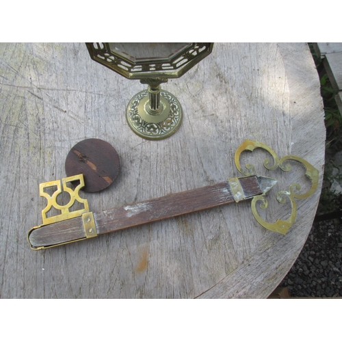 272 - Edwardian Neo Classical brass dressing table mirror, brass and wood key and carved wooden plaque