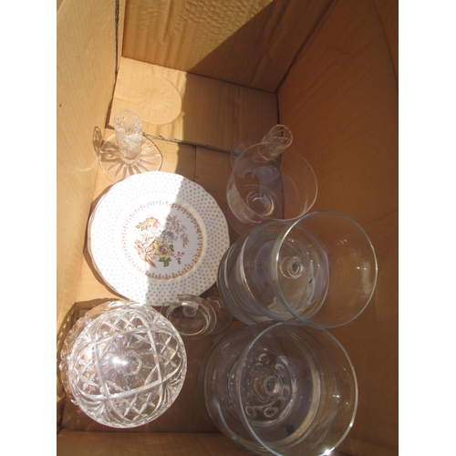 286 - Box of assorted glassware, Paragon part tea ware etc