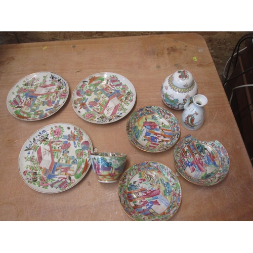 289 - Collection of assorted 20th century Chinese Famille Rose style china, : 3 plates (one cracked, tea c... 