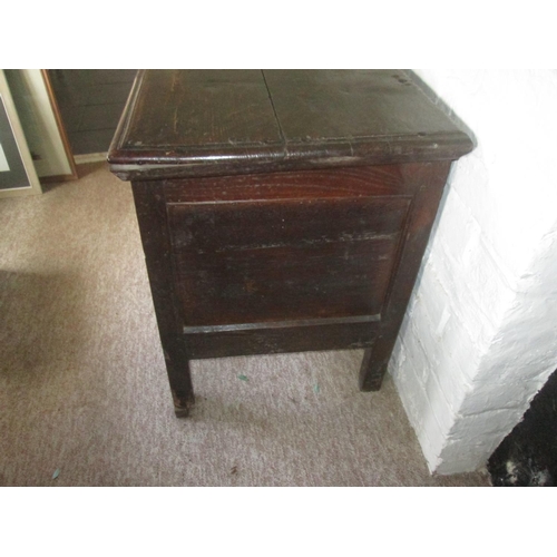 438 - 18th century and later carved oak coffer, later escutcheons , 53 cms x 132 cms 72 cms