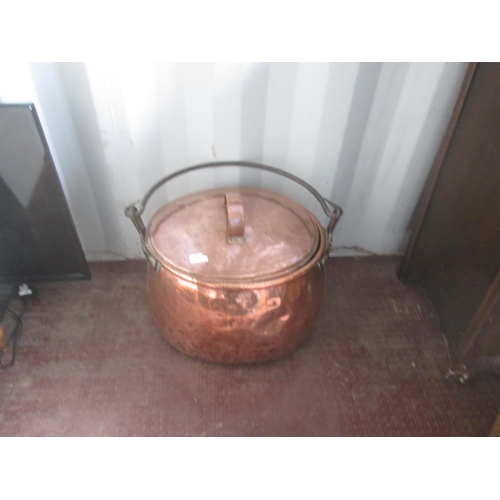 499 - 19th century large copper cooking pot with lid and wrought iron swing handle 55 cms x 50 cms