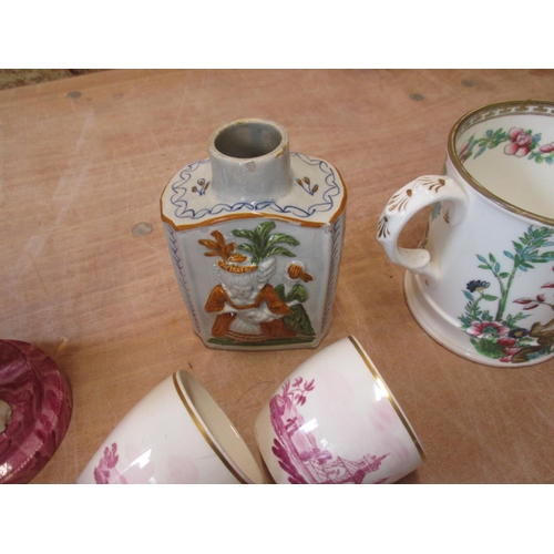 85 - Mid 19th century Leeds type red and creamware part tea set with damages, turned hatpin stand, French... 