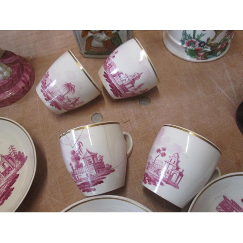 85 - Mid 19th century Leeds type red and creamware part tea set with damages, turned hatpin stand, French... 