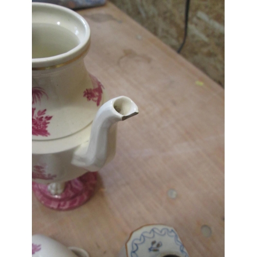 85 - Mid 19th century Leeds type red and creamware part tea set with damages, turned hatpin stand, French... 