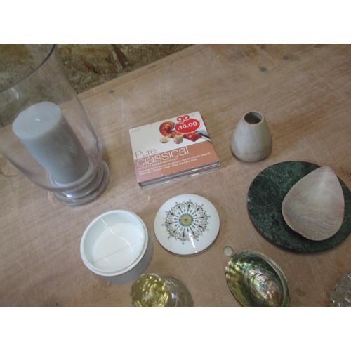 94 - Assorted bric a brac : boxed candle in glass vase, cut glass scent bottles etc.