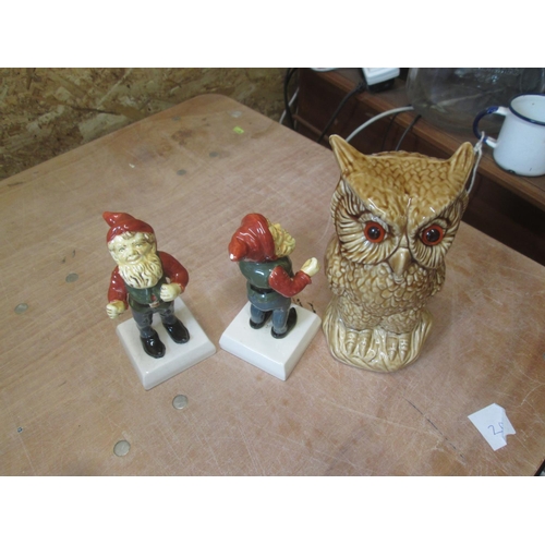 7 - Pottery owl & 2 x Longmead Ceramic gnomes