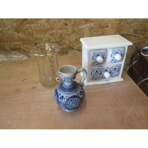 142 - Blue and white china and wood nest of drawers, German salt glaze ewer missing lid ? and later gilt p... 