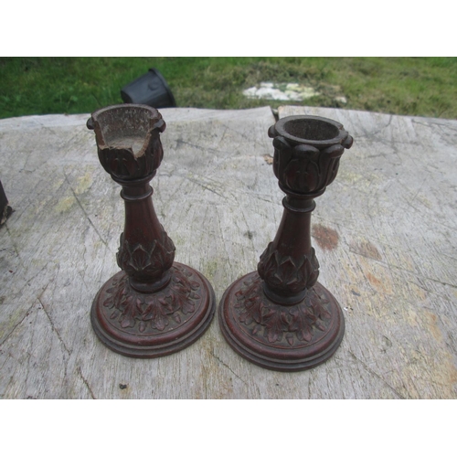 32 - Well carved pair of late Victorian wooden candlesticks