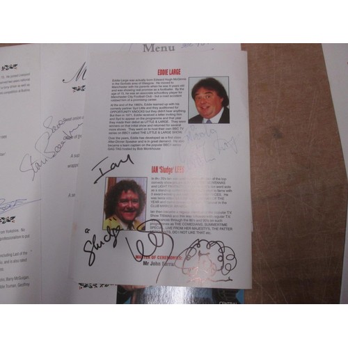 87 - Autographs : signed menus Ken Dodd, Stuart Hall, 2 x Jim Bowen, Stan Boardman, Ian Lees, Eddie Large... 