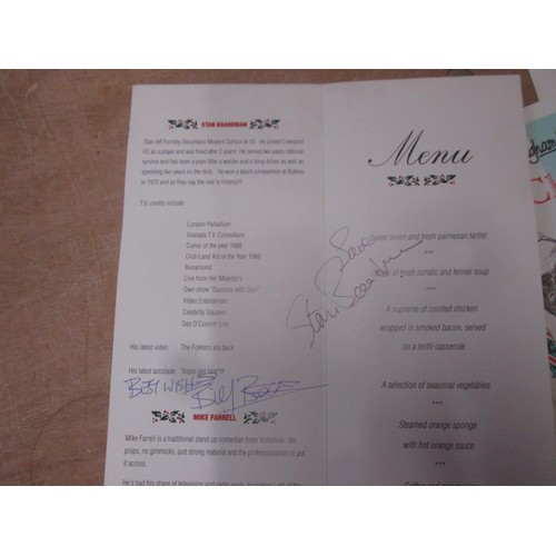 87 - Autographs : signed menus Ken Dodd, Stuart Hall, 2 x Jim Bowen, Stan Boardman, Ian Lees, Eddie Large... 