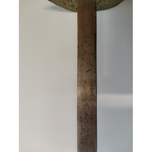 215 - Early 20th century Indian dress sword in metal and leather scabbard, etched blade made in India, no ... 