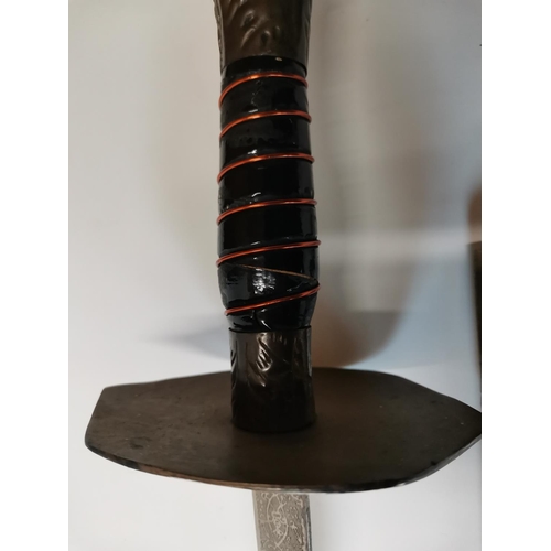 215 - Early 20th century Indian dress sword in metal and leather scabbard, etched blade made in India, no ... 