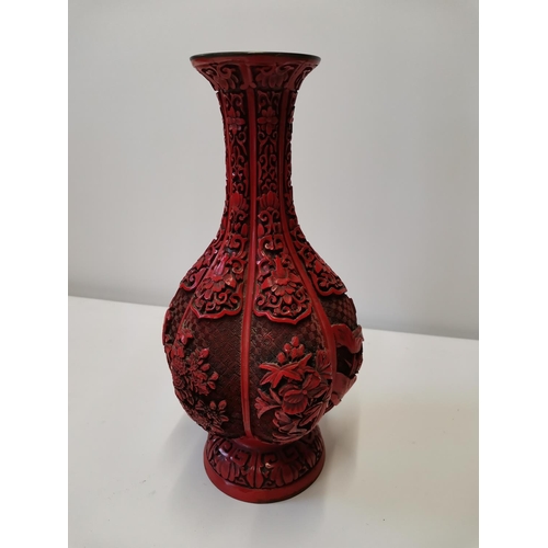 289 - A well detailed early 20th century Chinese cinnabar lacquer on brass vase 32 cms x 16 cms
