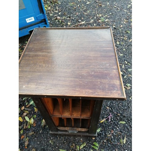 315 - 1920s oak tambour front record cabinet with pull out slide, note split and tambour needs attention