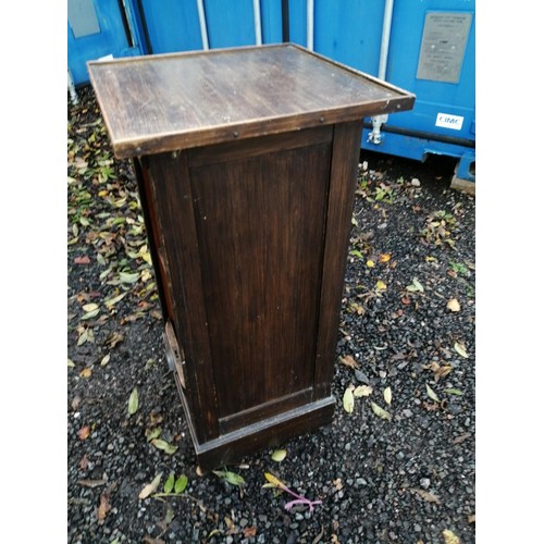 315 - 1920s oak tambour front record cabinet with pull out slide, note split and tambour needs attention