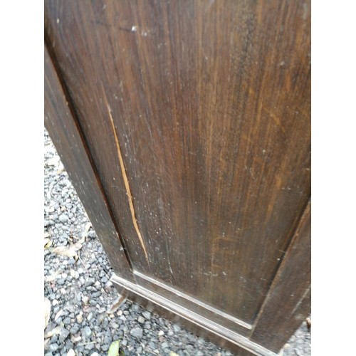 315 - 1920s oak tambour front record cabinet with pull out slide, note split and tambour needs attention