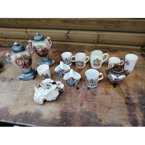 492 - Assorted decorative china etc. : commemorative ware, garniture vases, feeding cup , studio pottery d... 