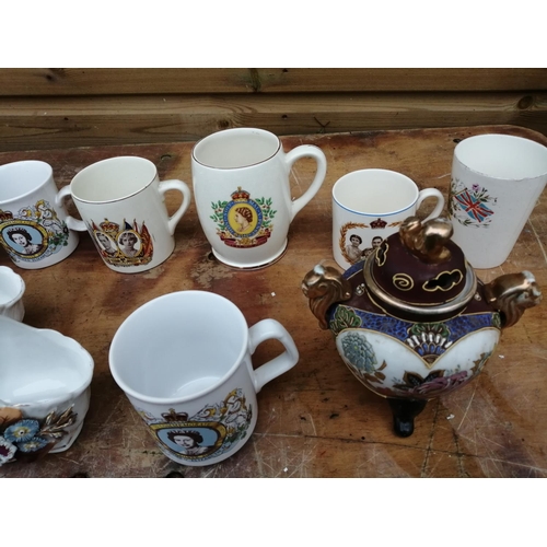 492 - Assorted decorative china etc. : commemorative ware, garniture vases, feeding cup , studio pottery d... 