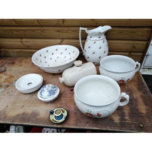 494 - Assorted china : wash bowl, chamber pots, water bottle etc.