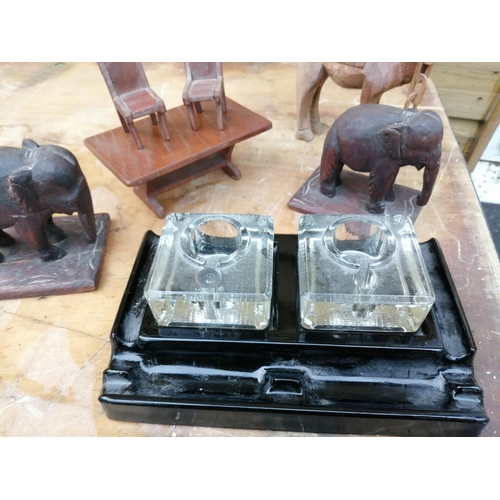 495 - Vintage glass desk set, carved wooden animals etc. (POW world War II interest)