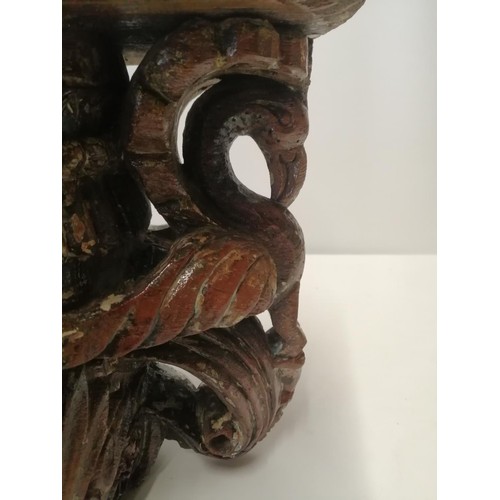 121 - Early 19th century Indian carved wooden corbel, depicting exotic birds, paint remnants still present... 