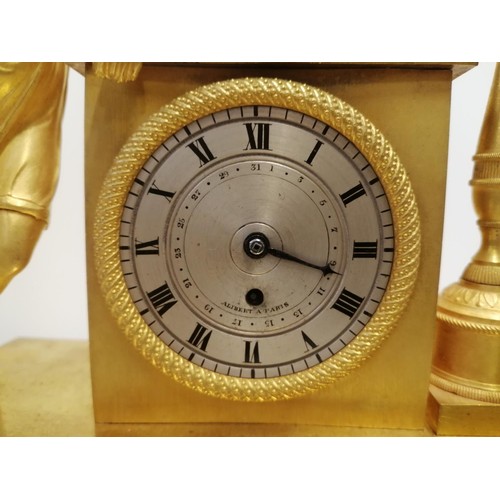 122 - Interesting and rare mid 19th century French Empire  mantle clock on a musical base. Classical figur... 