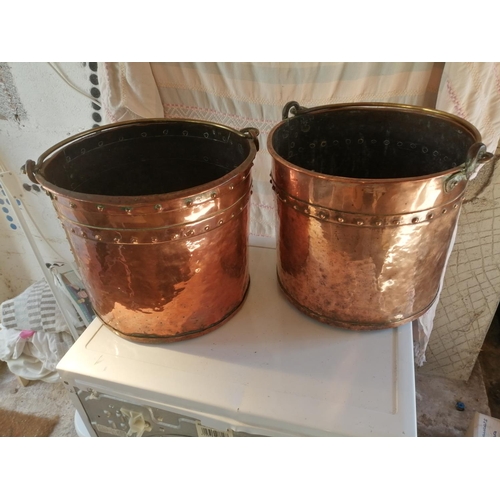 196 - 2 x 19th century copper fire buckets / log baskets 33 cms x 34 cms