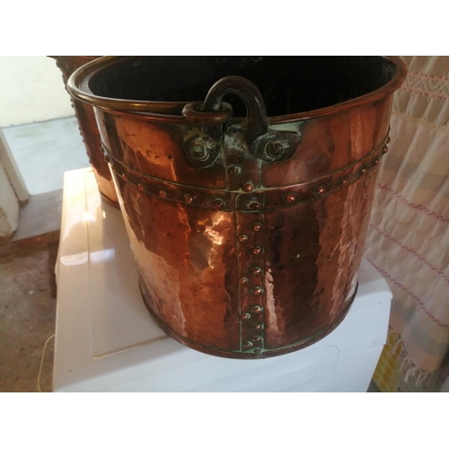 196 - 2 x 19th century copper fire buckets / log baskets 33 cms x 34 cms