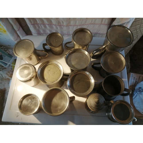 198 - Large collection of vintage pewter and metal tankards, 2 x shipping interest, 2 x glass bottom adver... 