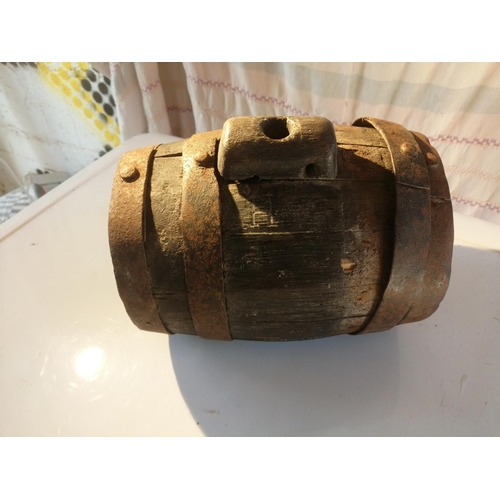 94 - 19th century wooden costrel / flagon , loose band, agricultural interest