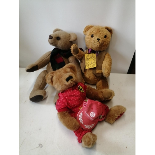 203 - 3 x teddy bears : 1 x Ferrari advertising bear, 1 x humpback Coat Bear & 1 x vintage humpback Growle... 