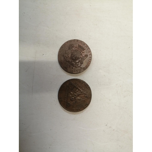 73 - Pair of copper tokens including  W Gye Printers and Stationers 1794 both in higher grades