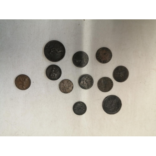 235 - Halfpennies 1723 NF but damaged, 1807 G/F, Farthings 1834 F & 1858 F & 7 x further Farthings