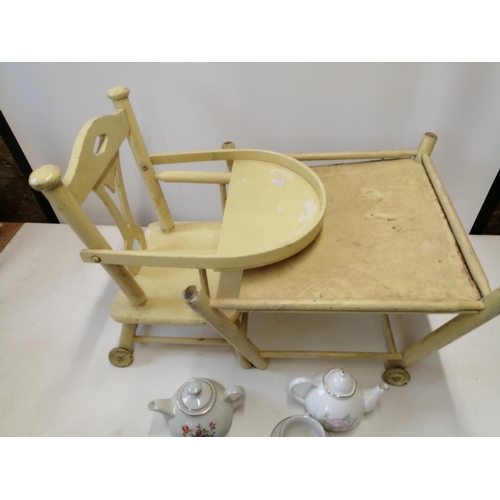 290 - Vintage painted childs metamorphic dolls high chair and nursery tea set