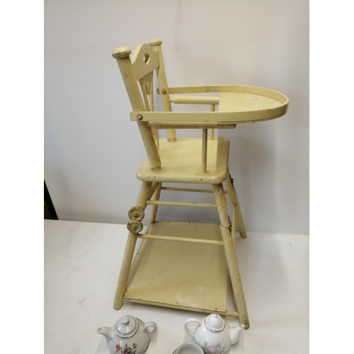 290 - Vintage painted childs metamorphic dolls high chair and nursery tea set