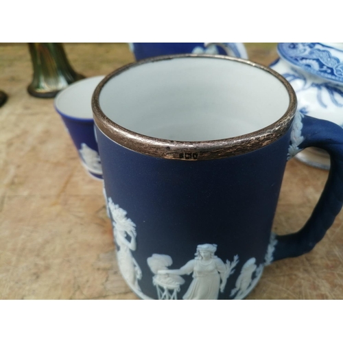 309 - Assorted blue and white china : Wedgwood Jasperware biscuit barrel with plated lid and silver rimmed... 