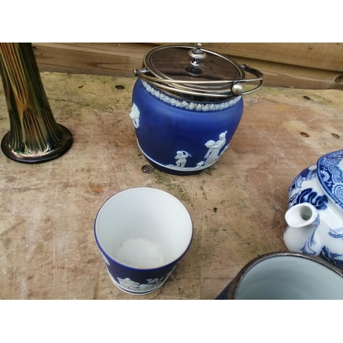 309 - Assorted blue and white china : Wedgwood Jasperware biscuit barrel with plated lid and silver rimmed... 