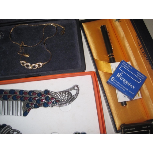 392 - Costume jewellery, silver letter clip, compact, Watermans fountain pen in box of issue etc.