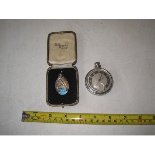 396 - Vintage Ingersoll pocket watch & enamel and silver Caged Bird Medal