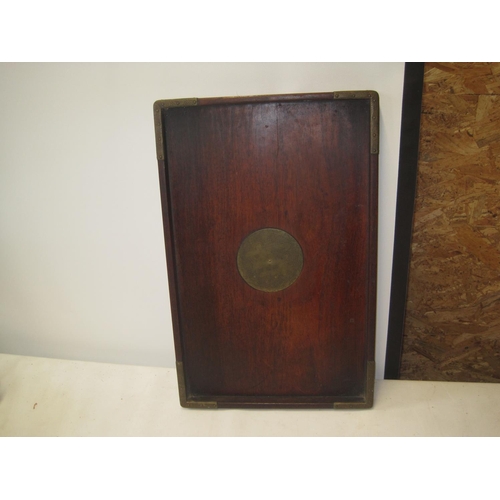 442 - Chinese hardwood tray with brass inset and 20th century Chinese silkwork embroidery