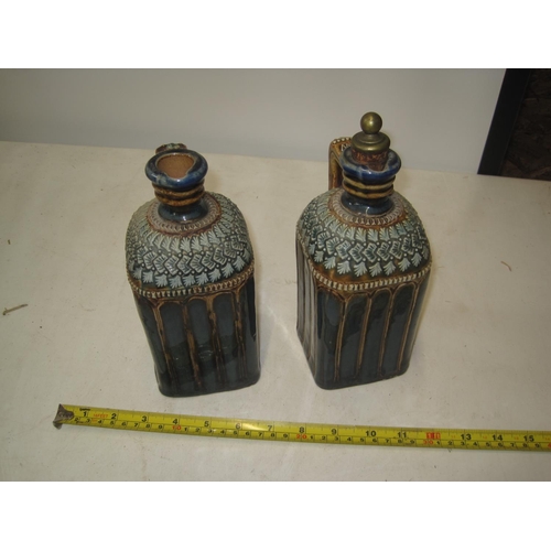 443 - Pair of Victorian Doulton stoneware flagons, intialled EM underneath in good order