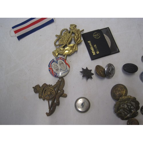 501 - Various military cap badges, commemorative crown etc.