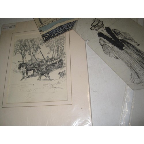 495 - Array of prints, etchings, pencil sketches, cartoons, pen and ink studies including Votes For Women ... 