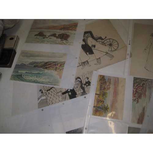 495 - Array of prints, etchings, pencil sketches, cartoons, pen and ink studies including Votes For Women ... 