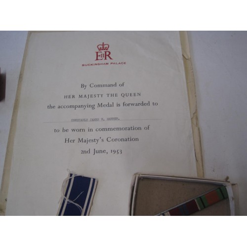 498 - Medals : medal group awarded to Constable James W Manser including Defence medal, 1953 Coronation me... 